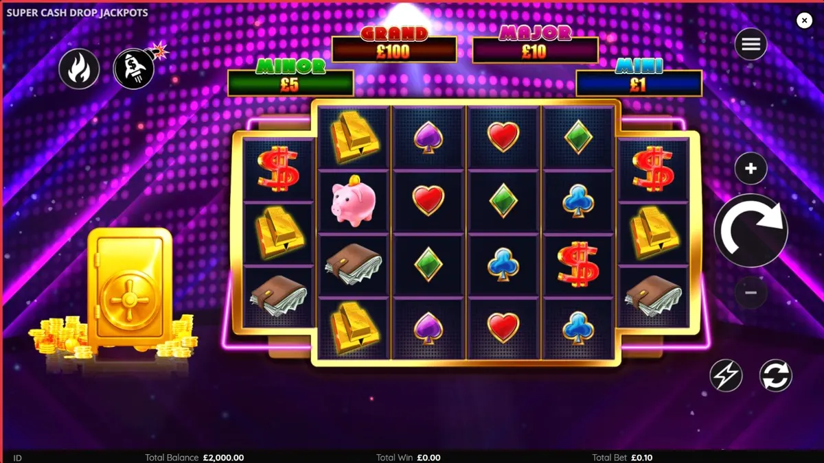 Tampilan visual slot Super Cash Drop Jackpots dengan tema brankas neon